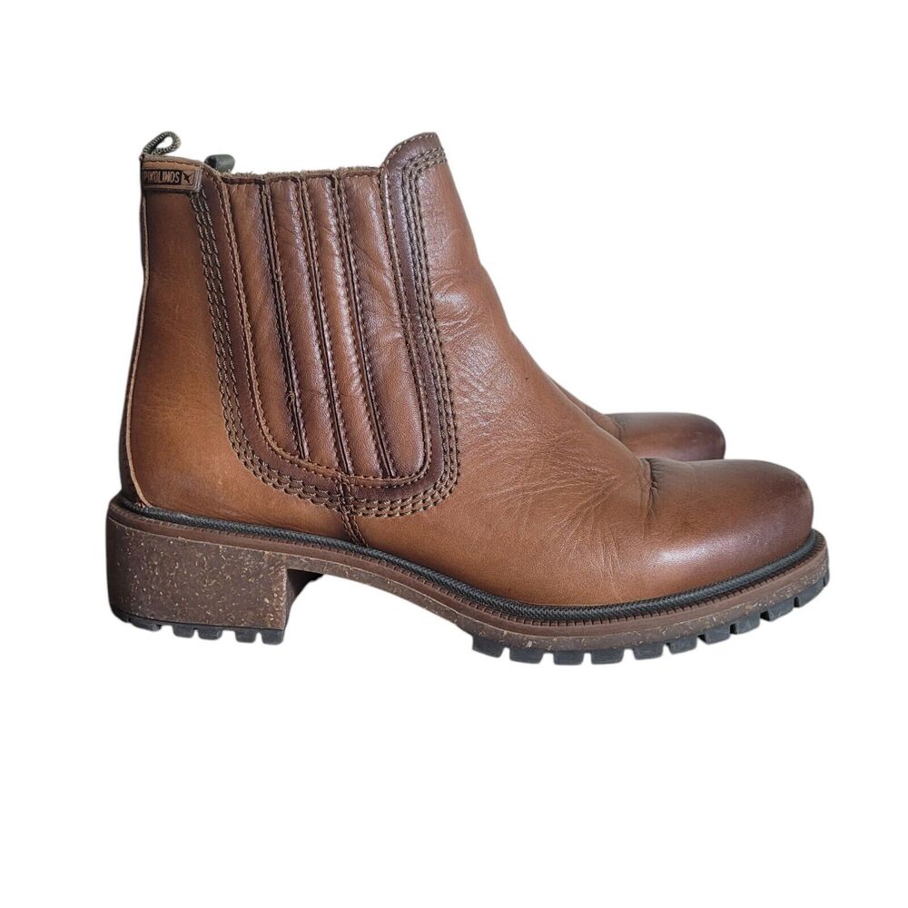Pikolinos Aspe Brandy Leather Ankle Boots Size 37, US 6.5-7 Cognac Brown Chunky